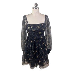 Black Celestial Spacecore Witchy Whimsigoth Stars Black Mini Dress Womens 6